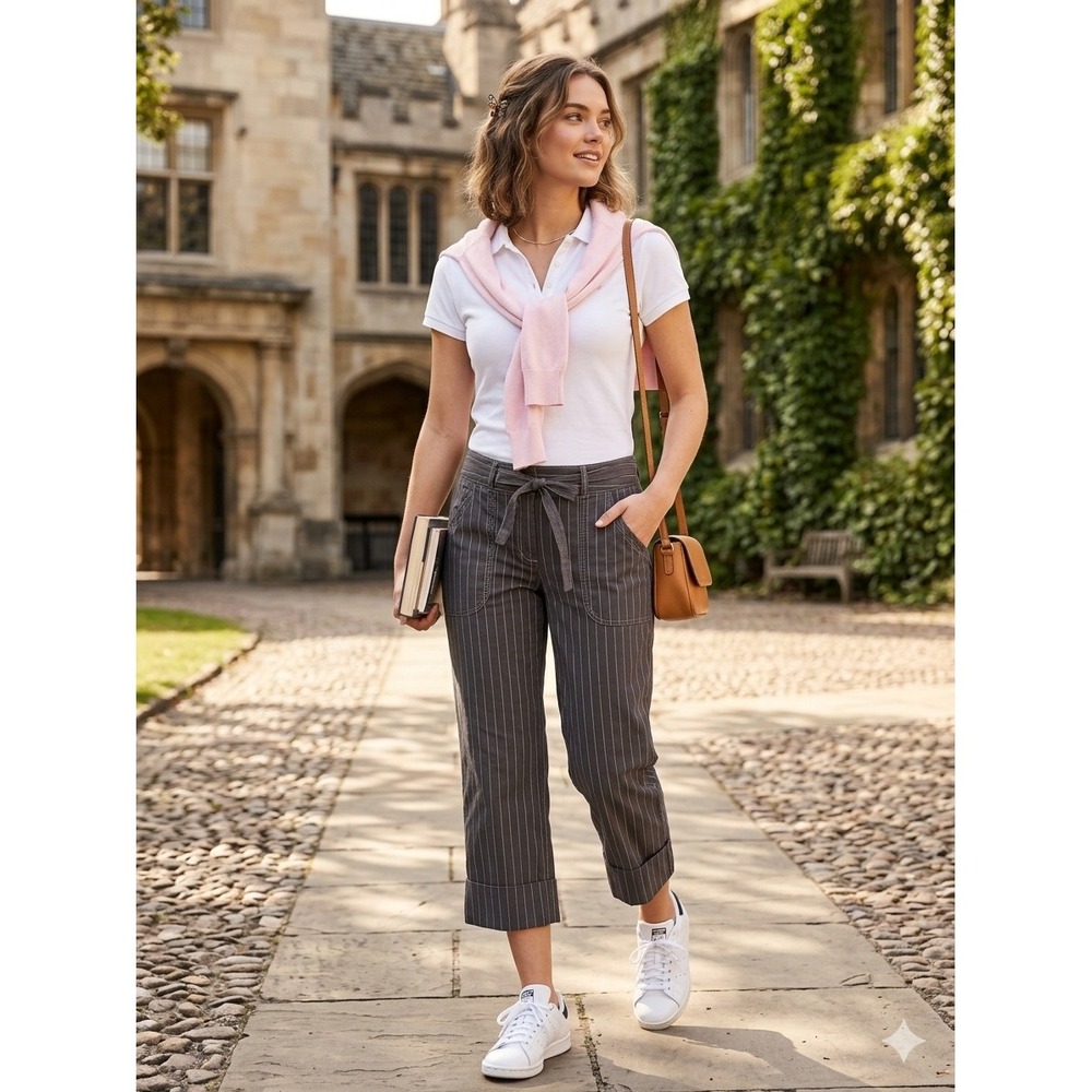 Cabi Pinstripe Cropped Pants Gray  preppy Y2K Drawstring Cuffed 12 pedal pusher